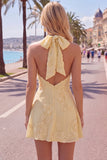 Blue A-Line Halter Floral Short Homecoming Dress