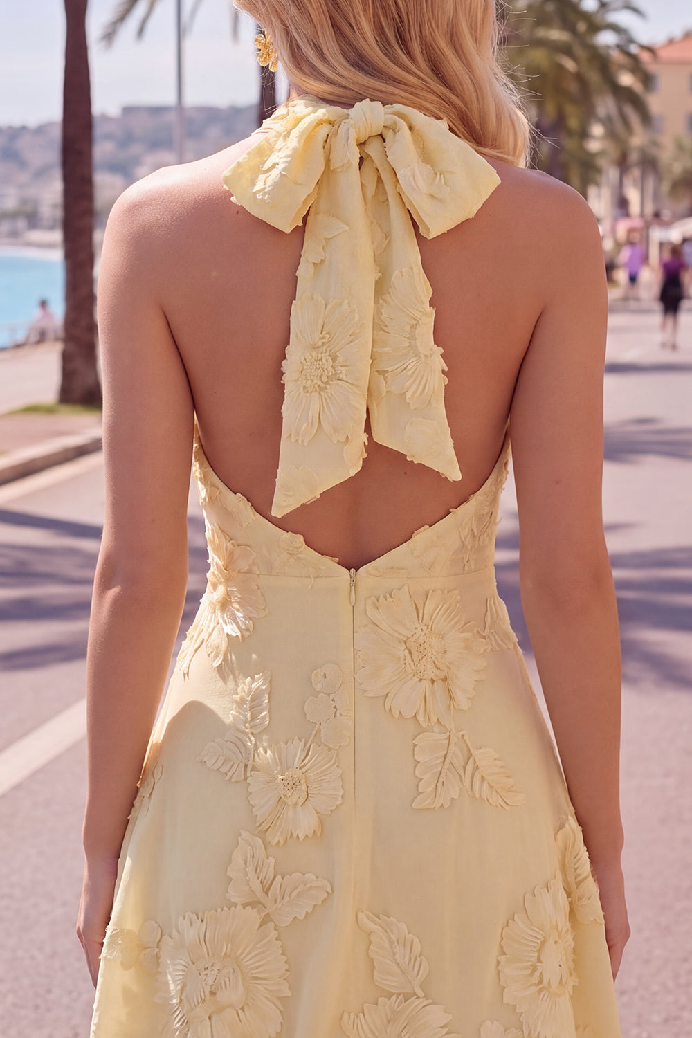 Blue A-Line Halter Floral Short Homecoming Dress
