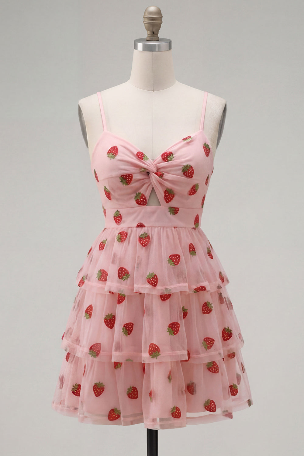 Pink Printed Tiered Spaghetti Straps Short Homecoming Dress