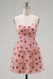 Pink Printed Tiered Spaghetti Straps Short Homecoming Dress