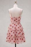 Pink Printed Tiered Spaghetti Straps Short Homecoming Dress