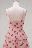 Pink Printed Tiered Spaghetti Straps Short Homecoming Dress