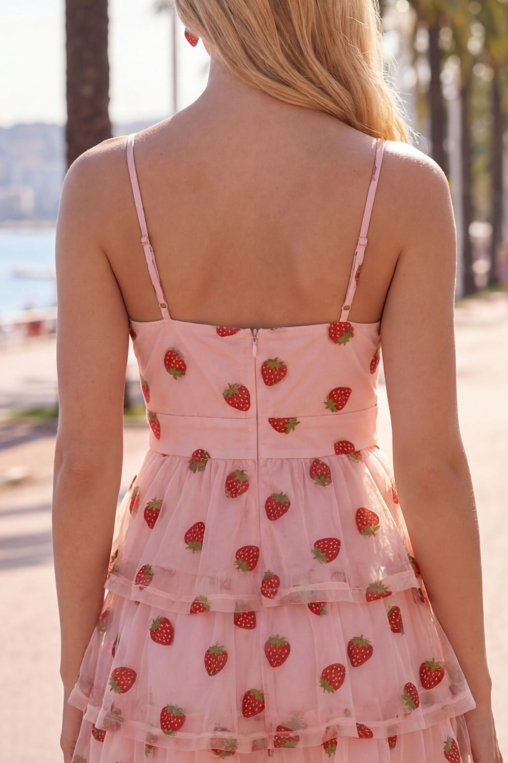 Pink Printed Tiered Spaghetti Straps Short Homecoming Dress