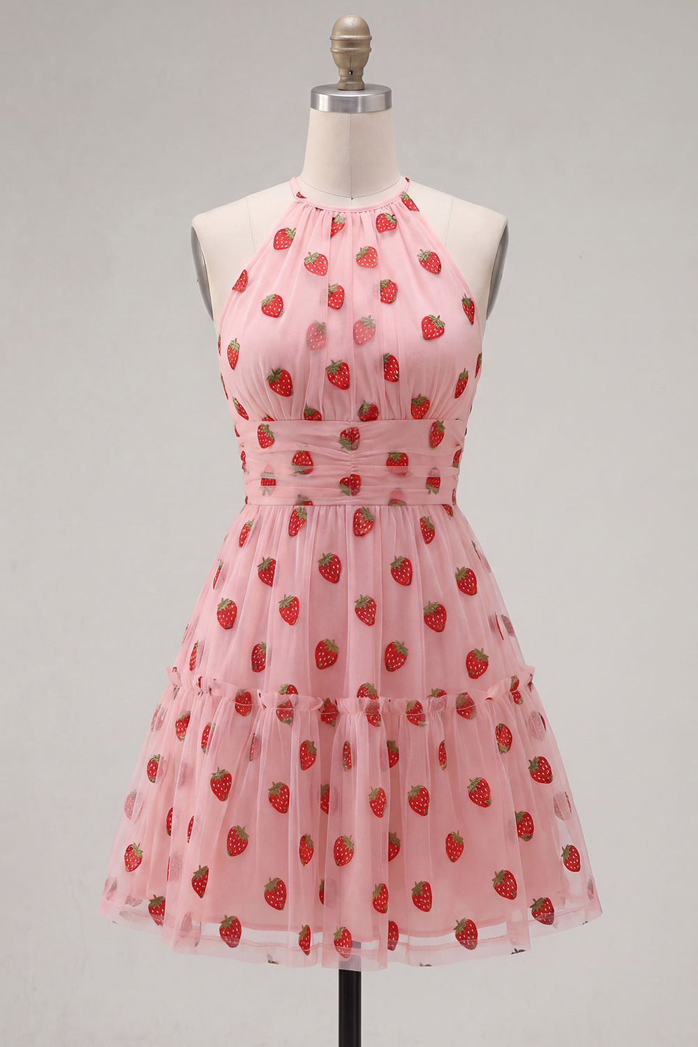 Pink A-Line Halter Printed Short Homecoming Dress