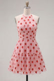 Pink A-Line Halter Printed Short Homecoming Dress