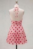 Pink A-Line Halter Printed Short Homecoming Dress