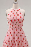 Pink A-Line Halter Printed Short Homecoming Dress