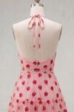 Pink A-Line Halter Printed Short Homecoming Dress