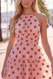 Pink A-Line Halter Printed Short Homecoming Dress