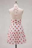 Pink A-Line Halter Printed Short Homecoming Dress