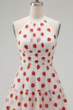 Pink A-Line Halter Printed Short Homecoming Dress