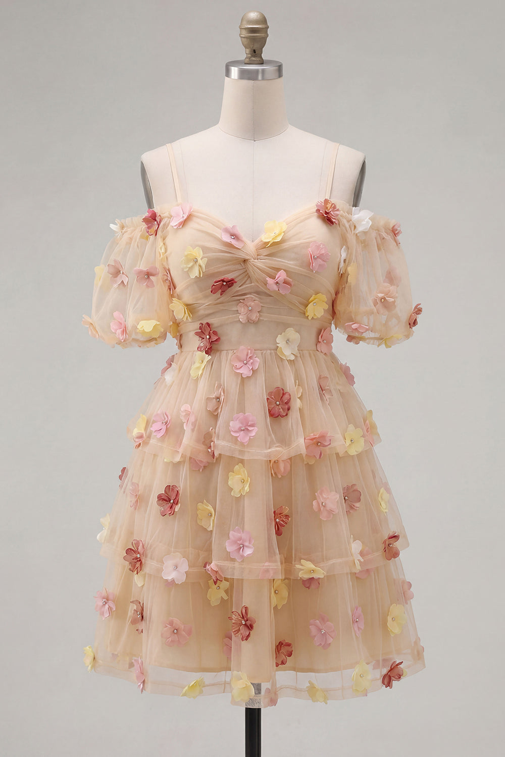 Champagne A-Line Sweetheart Puff Sleeves Short Homecoming Dress with 3D Flower