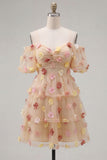 Champagne A-Line Sweetheart Puff Sleeves Short Homecoming Dress with 3D Flower