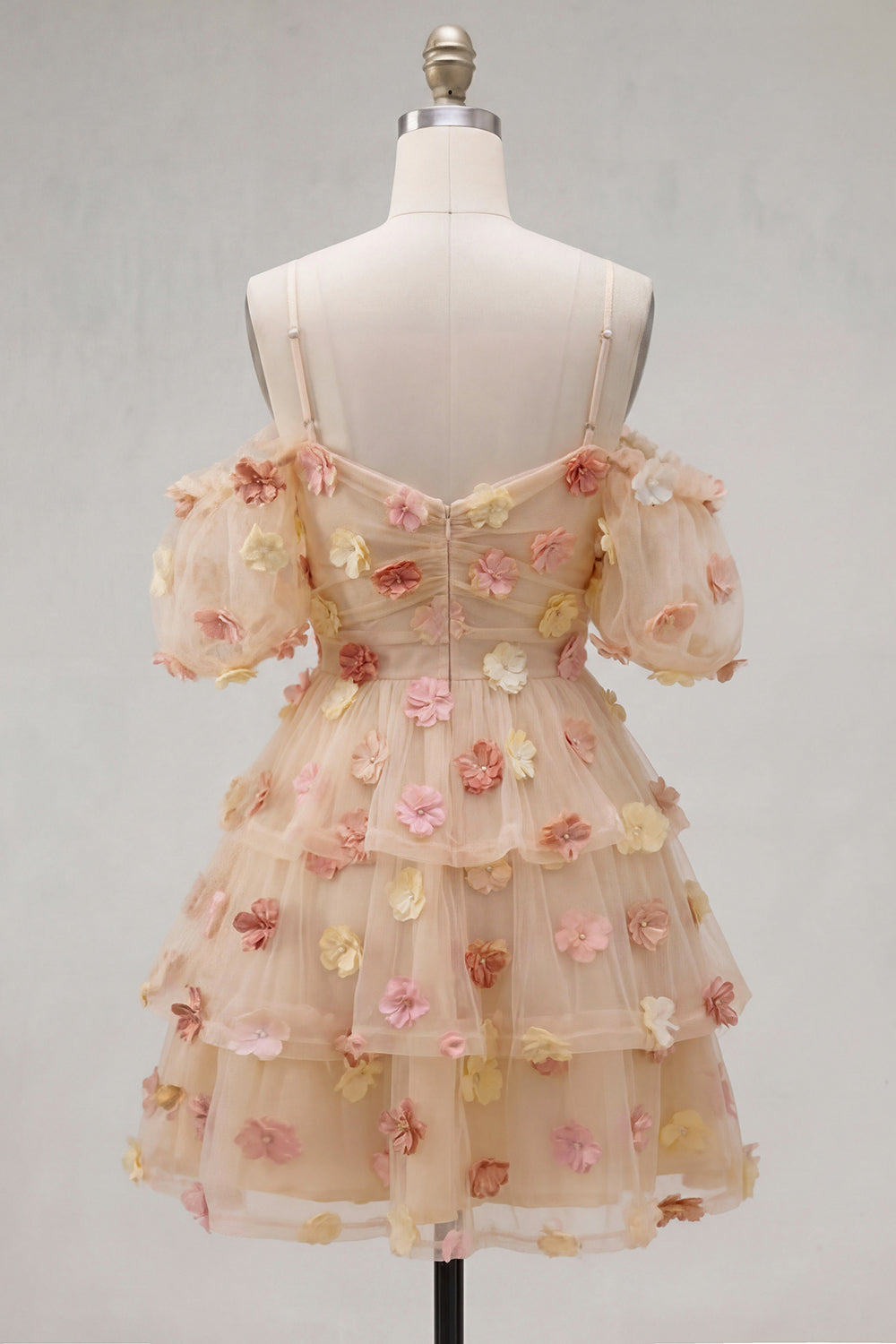 Champagne A-Line Sweetheart Puff Sleeves Short Homecoming Dress with 3D Flower