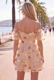 Champagne A-Line Sweetheart Puff Sleeves Short Homecoming Dress with 3D Flower