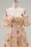 Champagne A-Line Sweetheart Puff Sleeves Short Homecoming Dress with 3D Flower