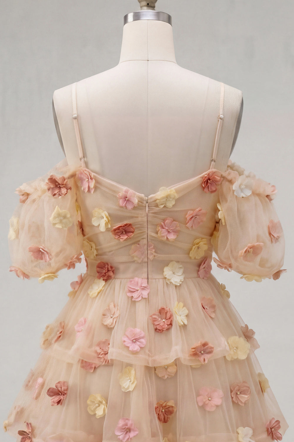Champagne A-Line Sweetheart Puff Sleeves Short Homecoming Dress with 3D Flower