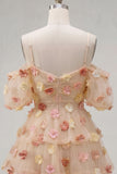 Champagne A-Line Sweetheart Puff Sleeves Short Homecoming Dress with 3D Flower