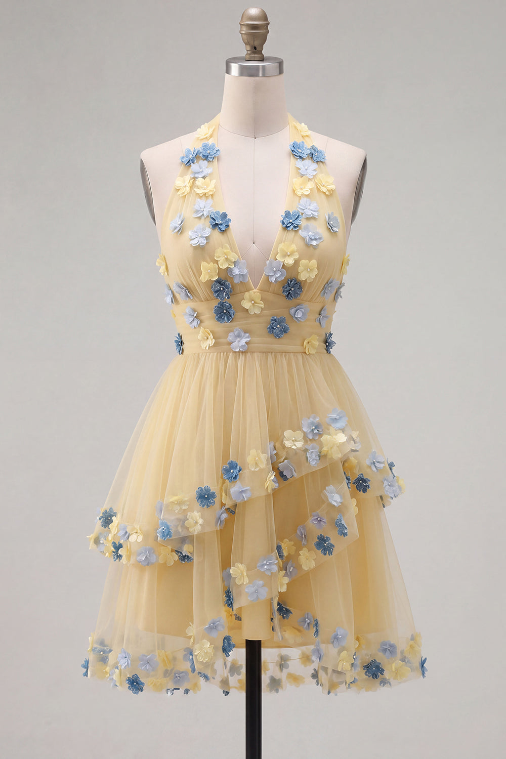 Apricot A-Line Halter Tiered Short Homecoming Dress with 3D Flower