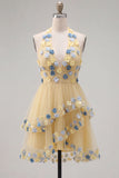 Apricot A-Line Halter Tiered Short Homecoming Dress with 3D Flower
