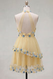 Apricot A-Line Halter Tiered Short Homecoming Dress with 3D Flower