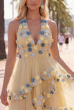 Apricot A-Line Halter Tiered Short Homecoming Dress with 3D Flower