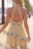 Apricot A-Line Halter Tiered Short Homecoming Dress with 3D Flower