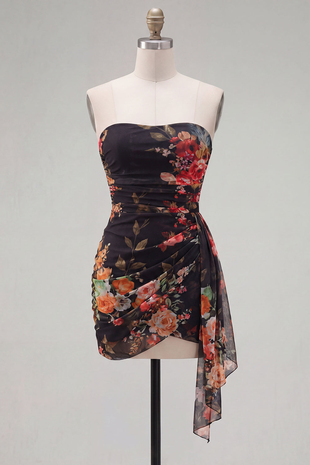 Black Printed Ruched Strapless Short Homecoming Dress