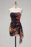 Black Printed Ruched Strapless Short Homecoming Dress