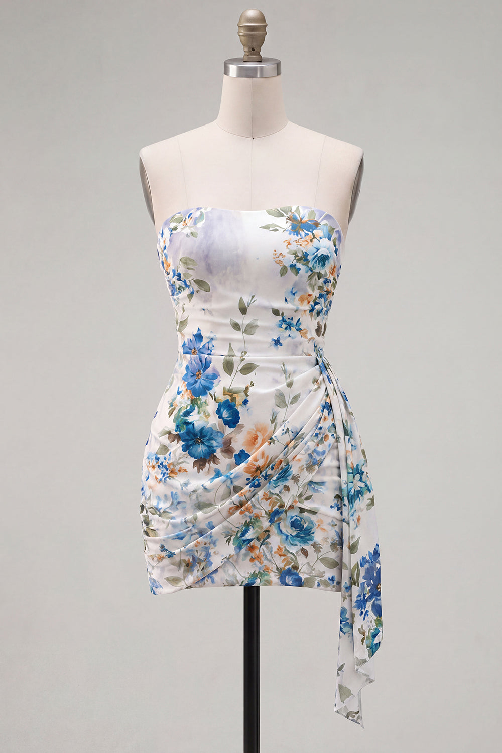 Black Printed Ruched Strapless Short Homecoming Dress