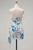 Black Printed Ruched Strapless Short Homecoming Dress