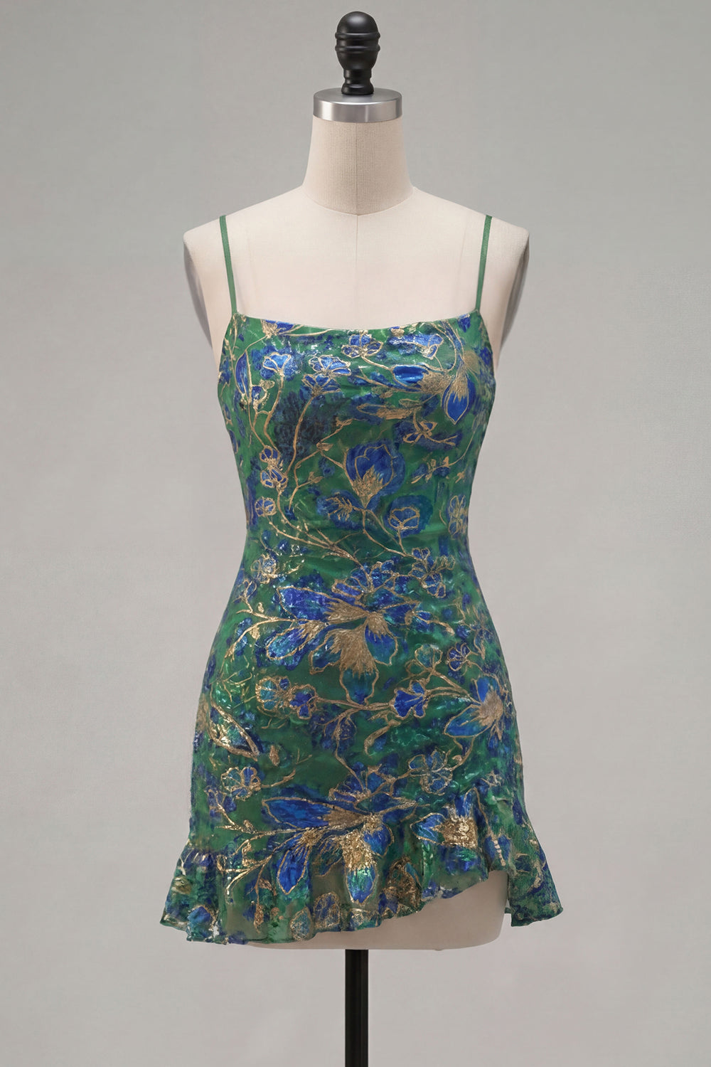 Dark Green Printed Sheath Spaghetti Straps Short Homecoming Dress with Ruffles