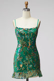 Dark Green Tight Spaghetti Straps Short Homecoming Dress with Ruffles