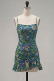 Dark Green Printed Sheath Spaghetti Straps Short Homecoming Dress with Ruffles