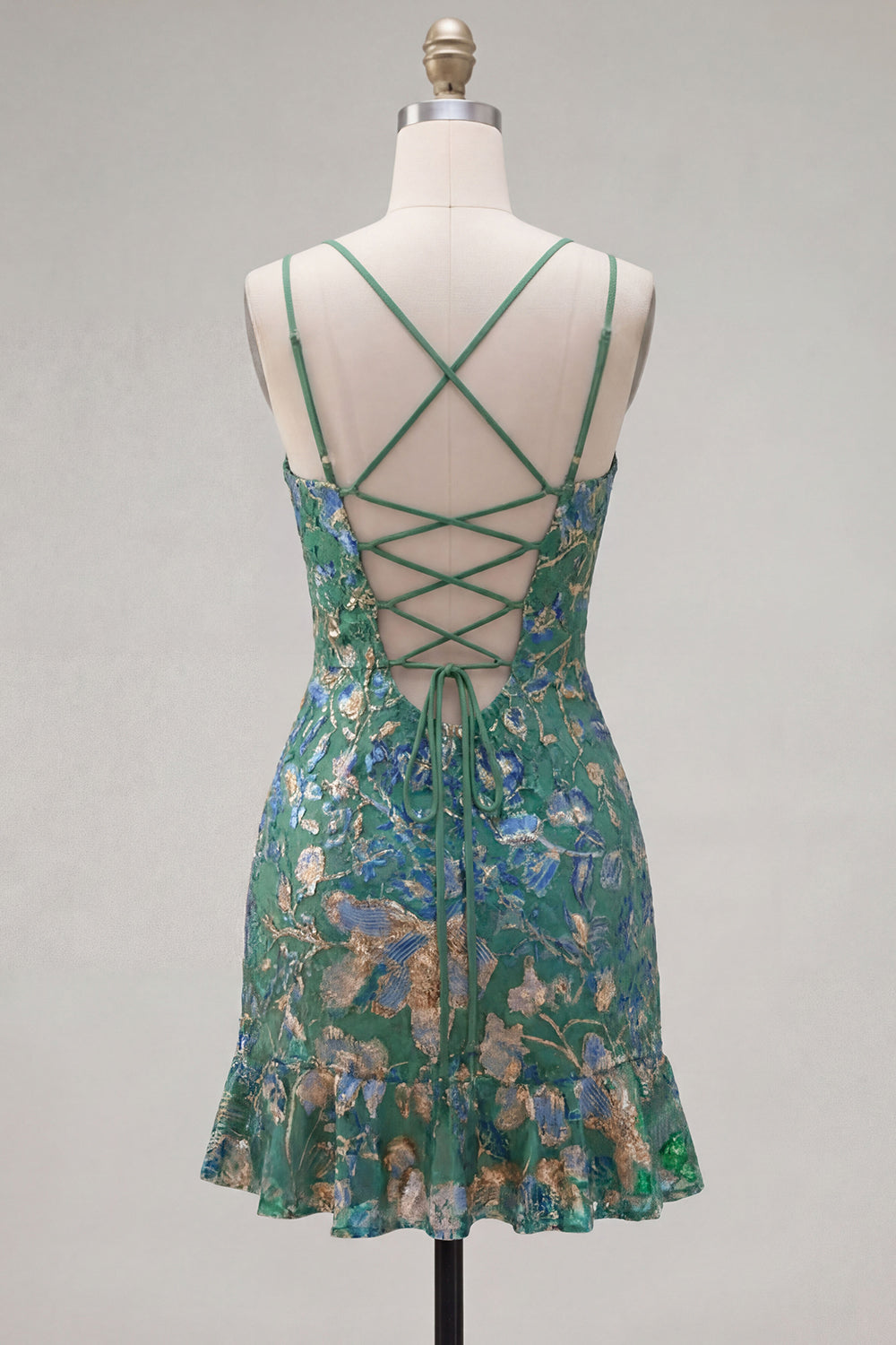 Dark Green Printed Sheath Spaghetti Straps Short Homecoming Dress with Ruffles