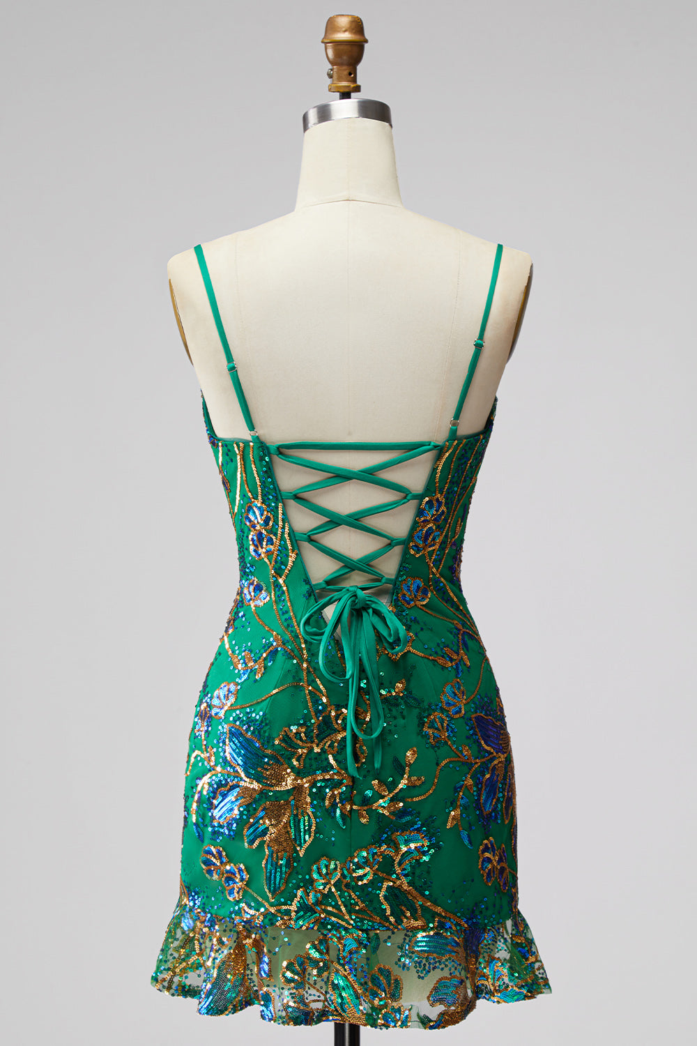 Dark Green Tight Spaghetti Straps Short Homecoming Dress with Ruffles