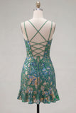 Dark Green Printed Sheath Spaghetti Straps Short Homecoming Dress with Ruffles