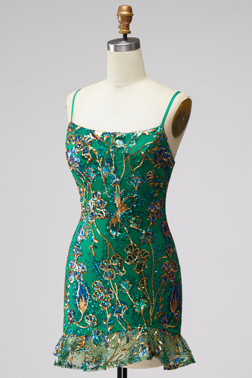 Dark Green Tight Spaghetti Straps Short Homecoming Dress with Ruffles