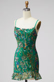 Dark Green Tight Spaghetti Straps Short Homecoming Dress with Ruffles