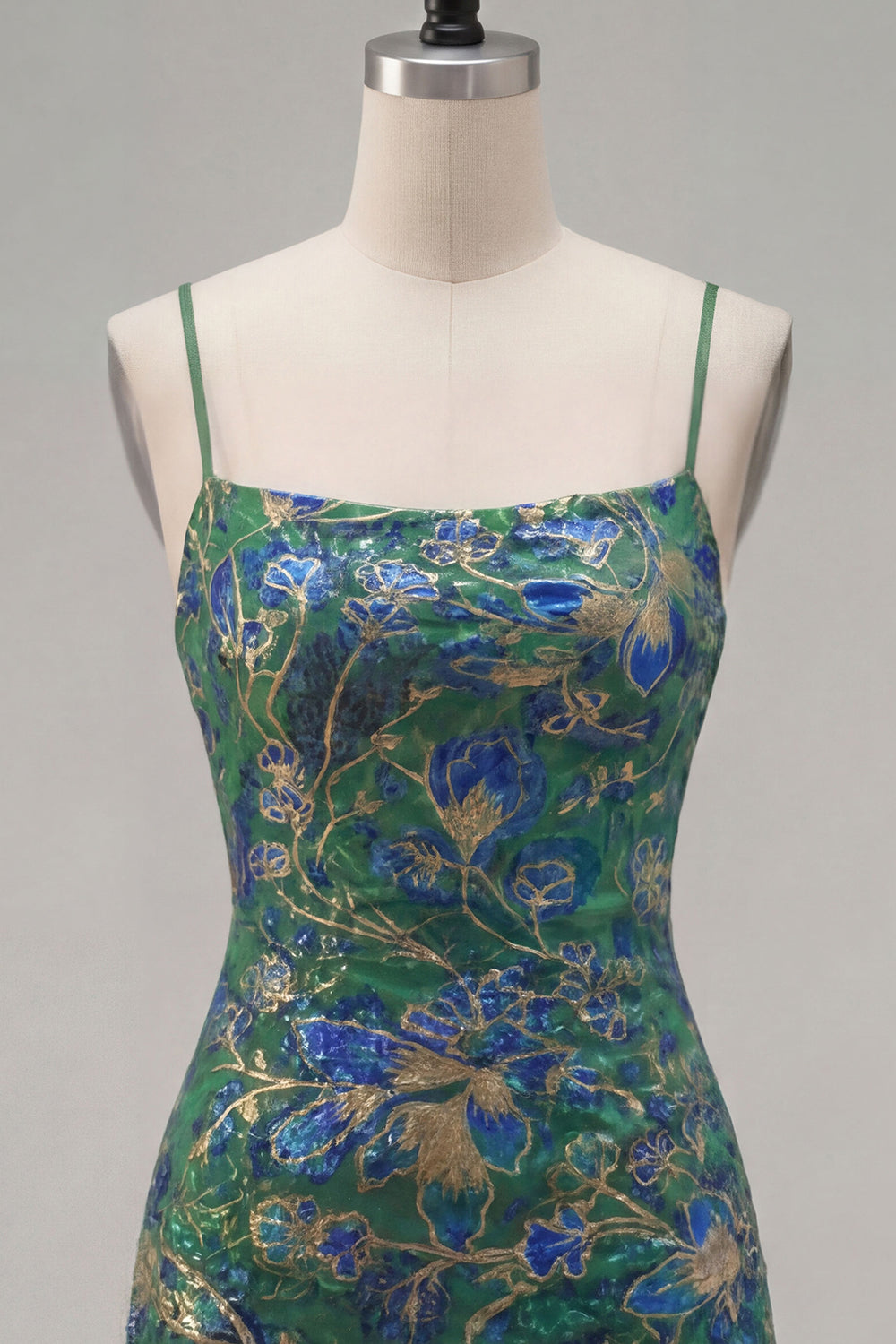 Dark Green Printed Sheath Spaghetti Straps Short Homecoming Dress with Ruffles