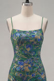 Dark Green Printed Sheath Spaghetti Straps Short Homecoming Dress with Ruffles