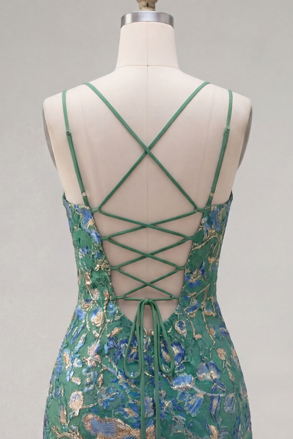 Dark Green Printed Sheath Spaghetti Straps Short Homecoming Dress with Ruffles