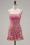 Dark Green Printed Sheath Spaghetti Straps Short Homecoming Dress with Ruffles