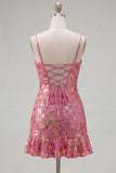 Dark Green Printed Sheath Spaghetti Straps Short Homecoming Dress with Ruffles