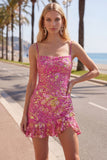 Dark Green Printed Sheath Spaghetti Straps Short Homecoming Dress with Ruffles