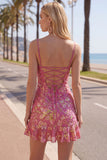 Dark Green Printed Sheath Spaghetti Straps Short Homecoming Dress with Ruffles