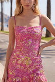 Dark Green Printed Sheath Spaghetti Straps Short Homecoming Dress with Ruffles