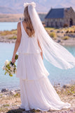 White V-Neck Tiered Sweep Train Beach Wedding Dress
