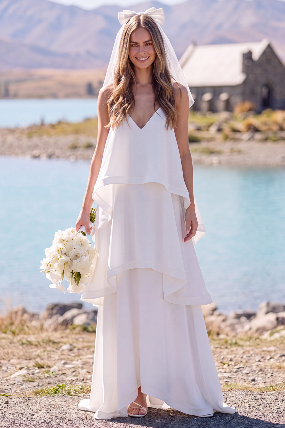 White V-Neck Tiered Sweep Train Beach Wedding Dress