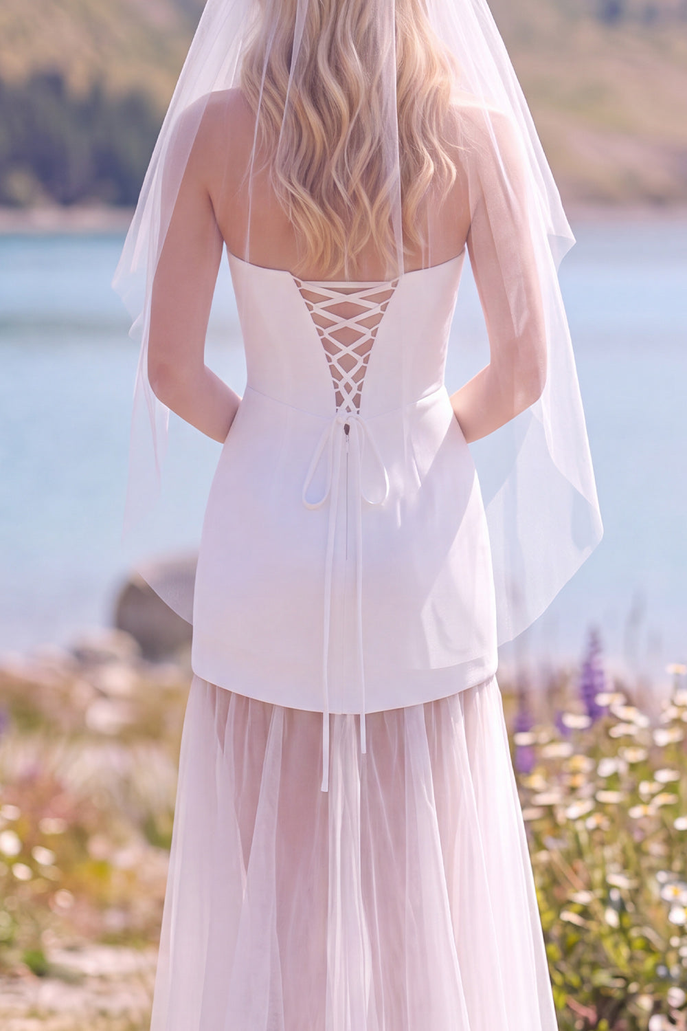 White A Line Strapless Tulle Sweep Train Wedding Dress